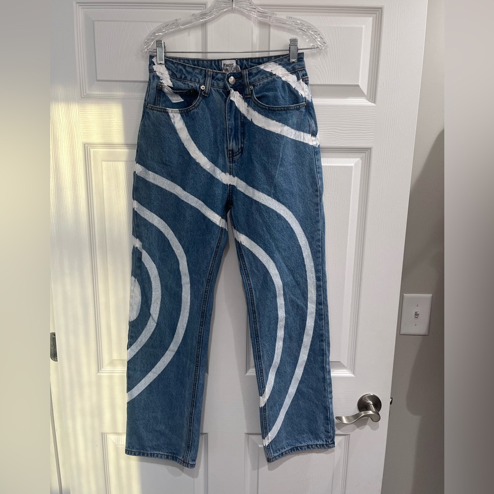 Princess Polly Sarah Denim Jeans Womens 2 white swirl paint design wide leg